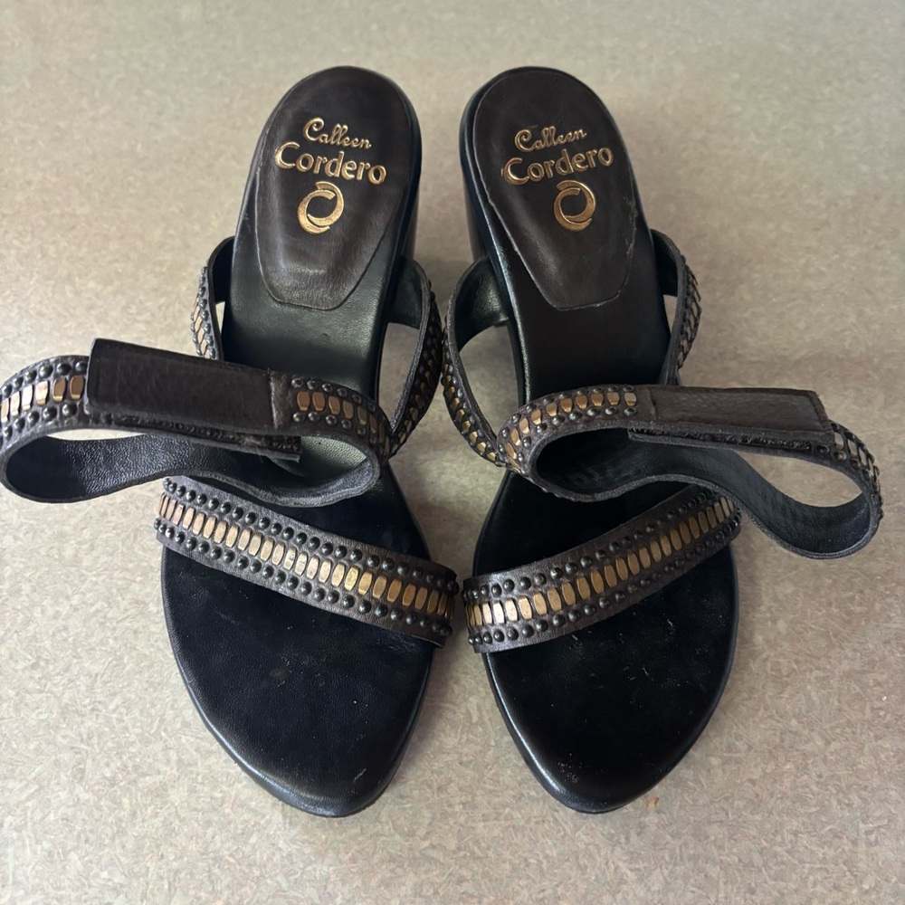 Calleen Cordero Mesa Coastal Cowgirl Boho Studded Luxury Wooden Heel Sandals 7.5 - Picture 3 of 10